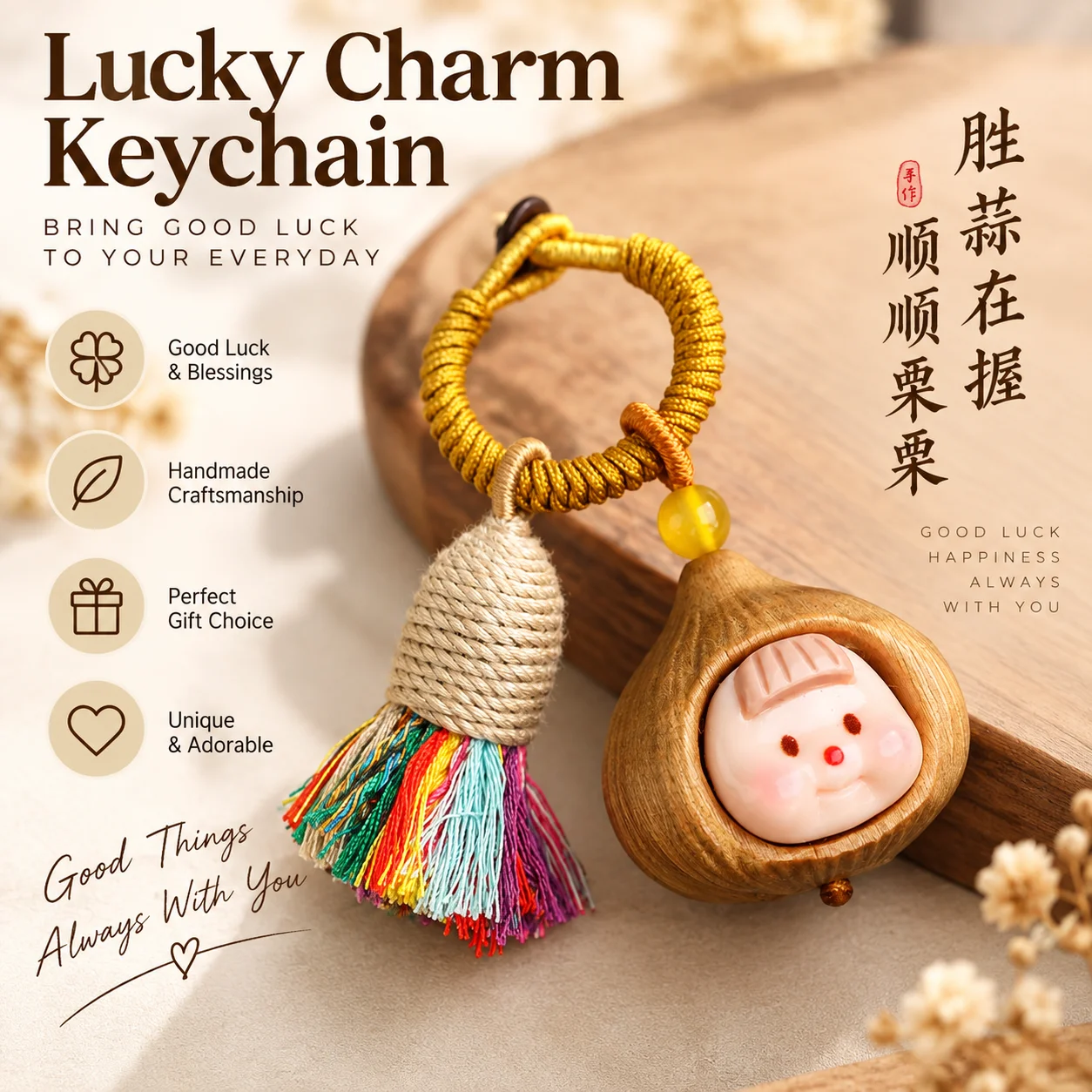 Natural rosewood wood carving cartoon cute chestnut girl garlic pendant green sandalwood mobile phone chain bag hanging keychain