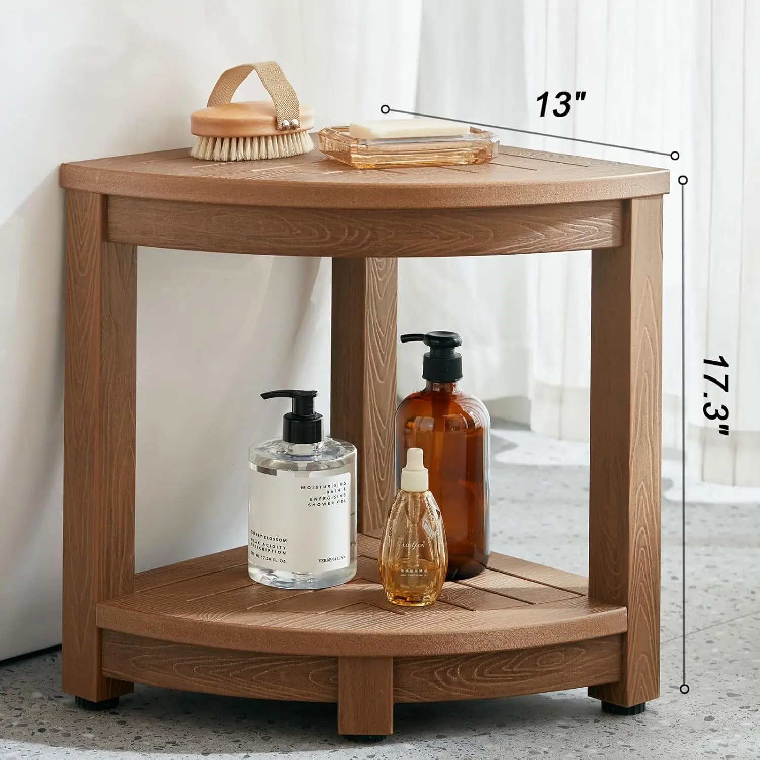 Waterproof Corner Shower Stool with Adjustable Feet, Non-Slip Brown Seat for Shaving and Storage