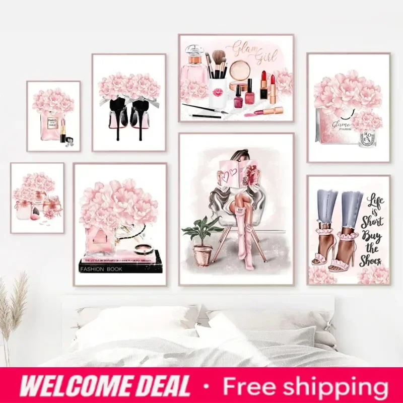 Pink Flower Paris Perfume Fashion Lipstick Heels Girl Art Canvas Painting Nordic Posters Prints Wall Pictures Living Room Dec