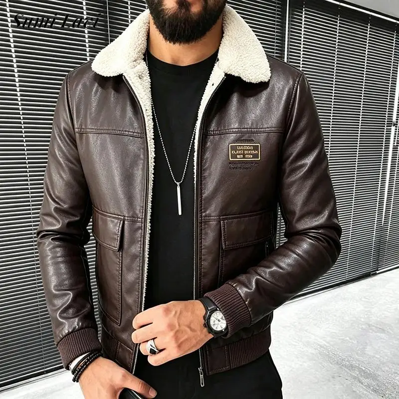 Fashionable Turn-down Collar Coats Mens Vintage PU Leather Fleece Lined Outerwear Jacket  2026 Winter Thickened For Male