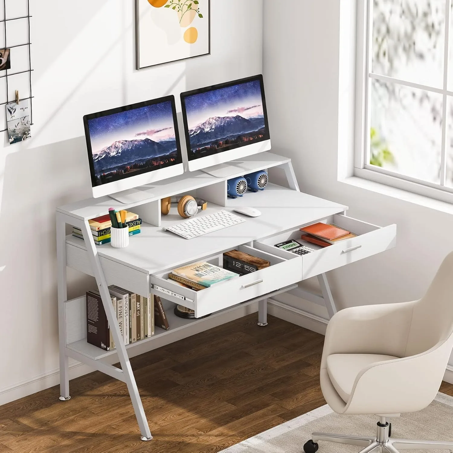 LITTLE TREE Computer Desk with Storage Shelf, 47Inch Modern Office Writing Study Table with Monitor Stand Riser for Home Office