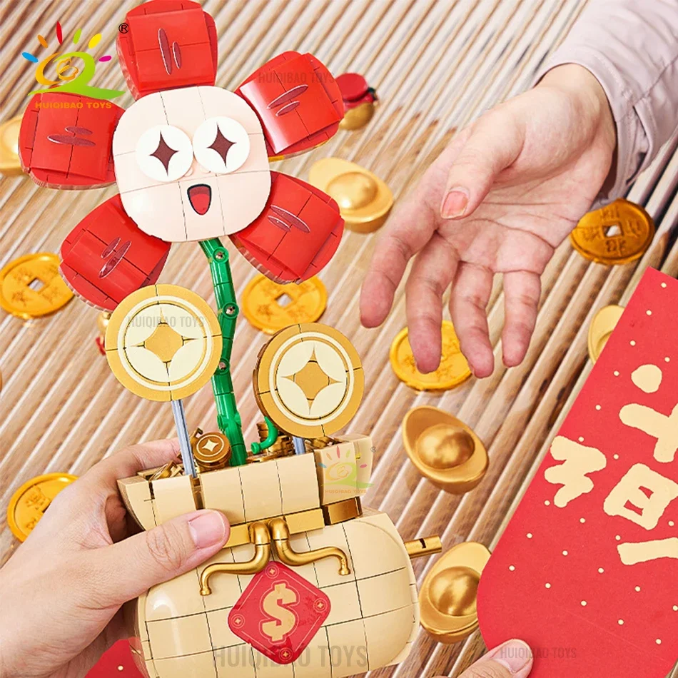 HUIQIBAO 508PCS Rich Flower Decorative Model Building Block Set DIY Lucky Sunflower Potted Plant Brick Toys for Children Adult