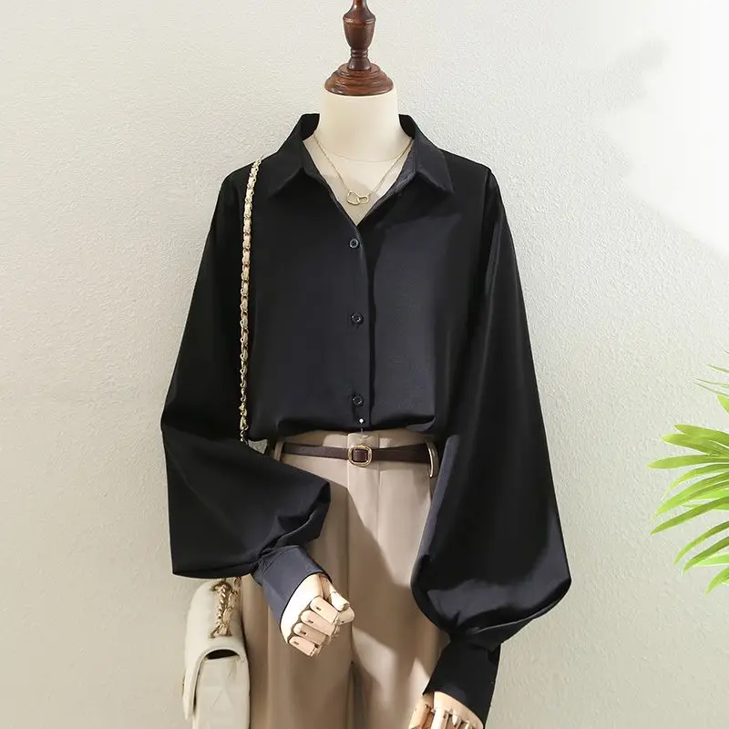Temperament Professional White Lapel Shirt for Women Lantern Sleeves Versatile Commuting OL Design Sense Fashionable Shirt