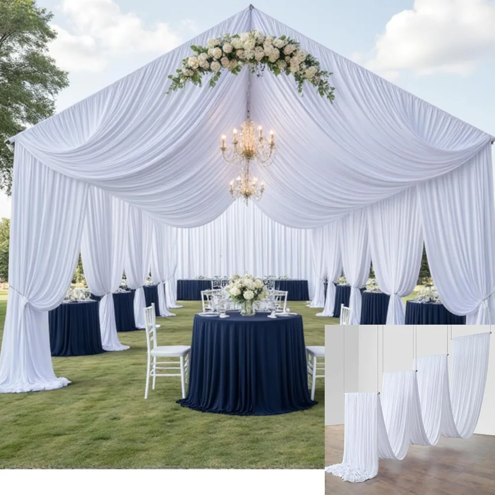 

8 Panels 5x20ft White Ceiling Drapes for Wedding Parties, Wrinkle Free Thick Polyester 20ft Extra Long Tent Draping Ceiling Curt