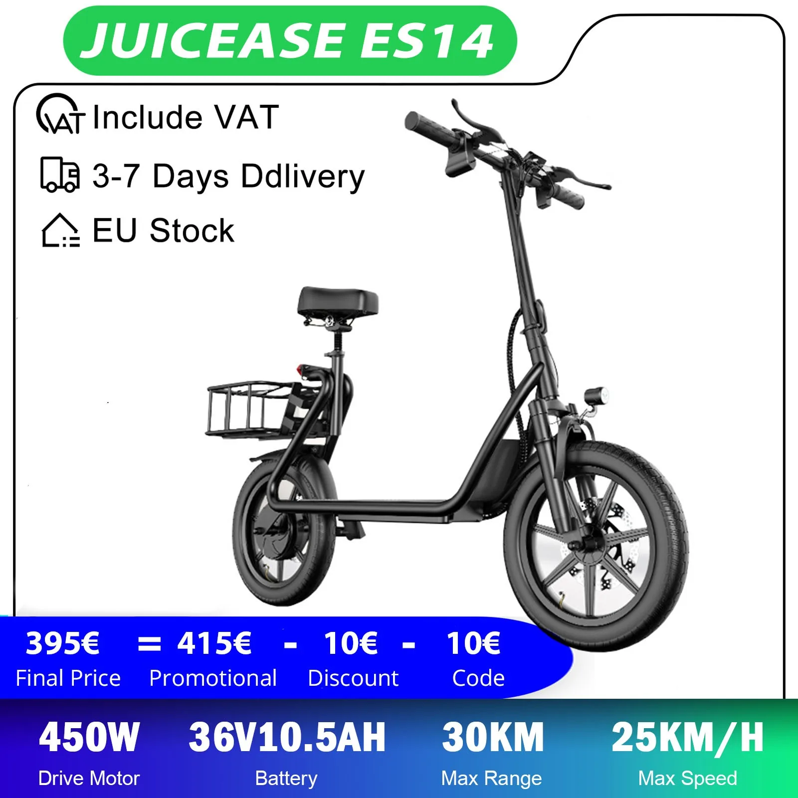 JUICEASE ES14 450W Electric Scooter Adults Damping Electric Scooter 30KM Max Range 25KM/H City Scooter with Seat Rear Basket