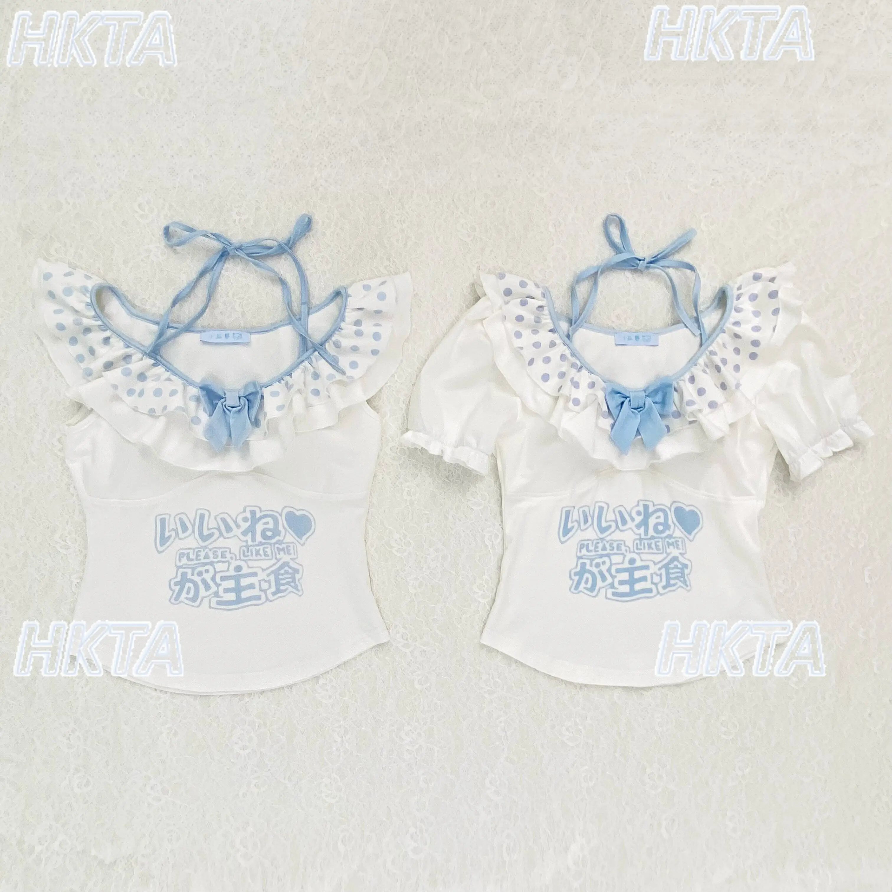 Original Super Sweet Water Color Polka Dot Suspender Vest Cute Soft Girl Printing Short Sleeve T-shirt Bows White T Shirt Women