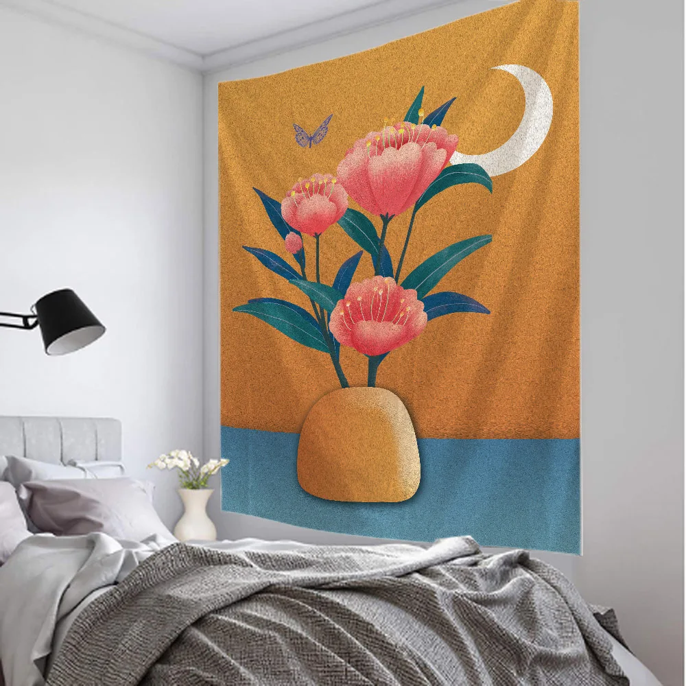 Minimalist Illustration Tapestry Morandi Color Wall Hanging Plant Flower Fabric Mural Hippie Bohemian Home Wall Decoration