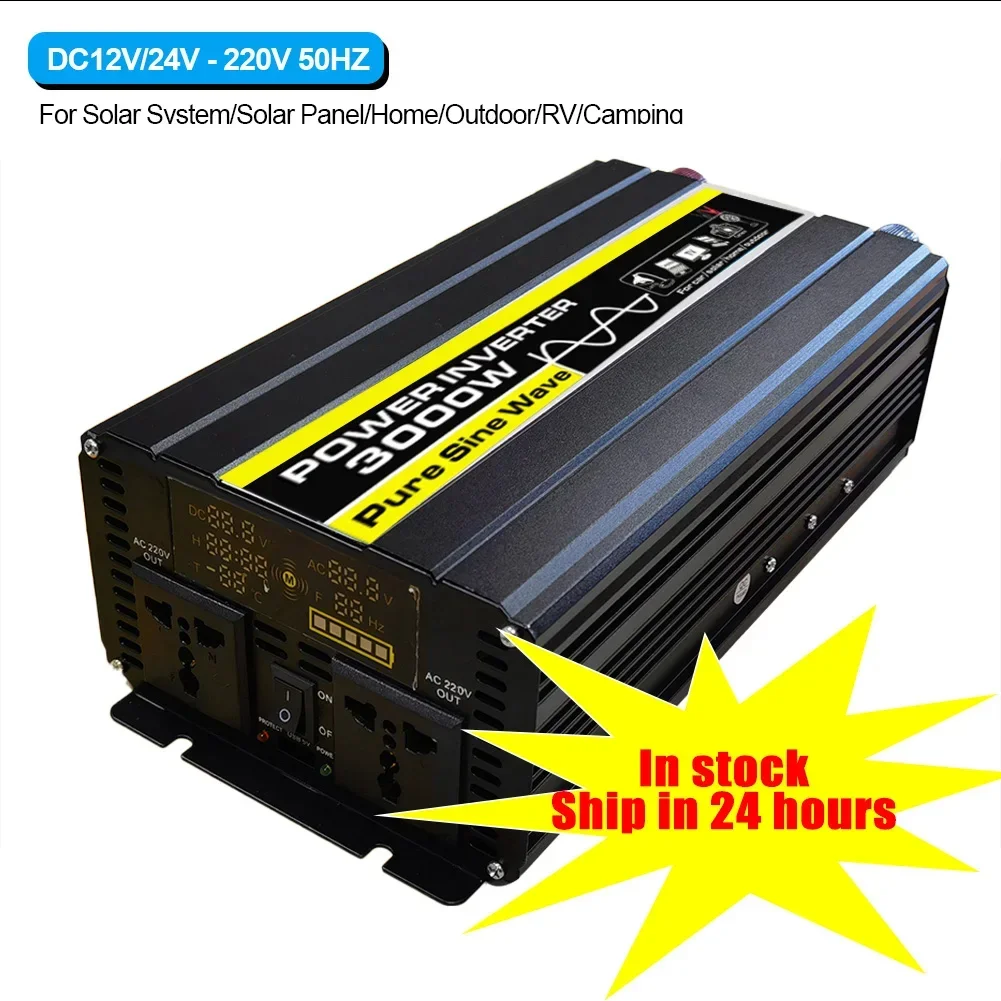 New 3000W Car Power Inverter Pure Sine Wave LED Display DC 12V/24V To AC 220V Solar Car Transformer Convert Car Inverters