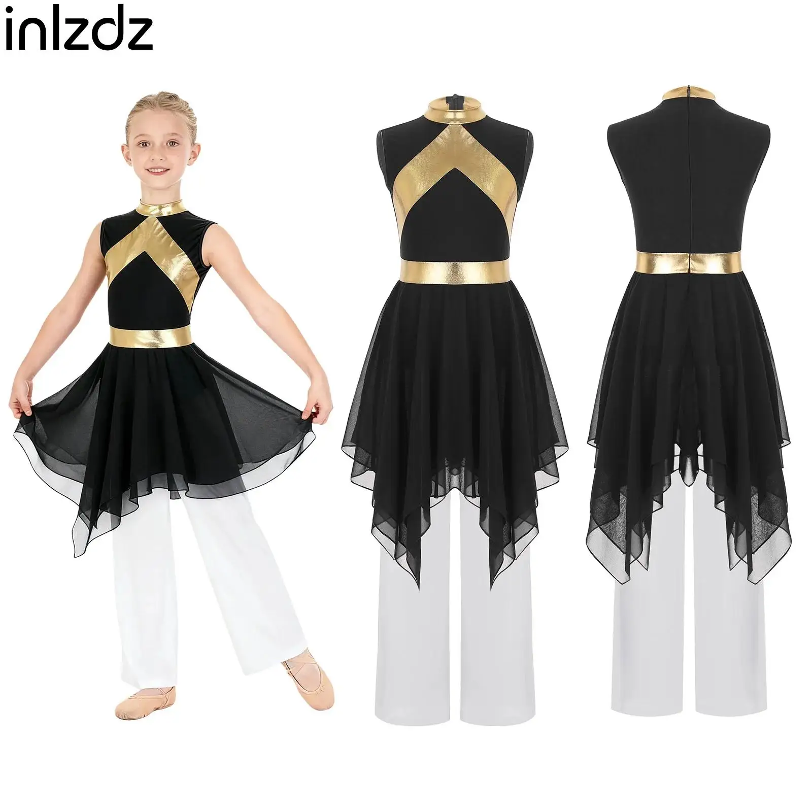 

Girls Church Choir Performance Outfits Liturgical Dance Outfit Worship Dancewear Sleeveless Asymmetrical Hem Dress+Pants Suit