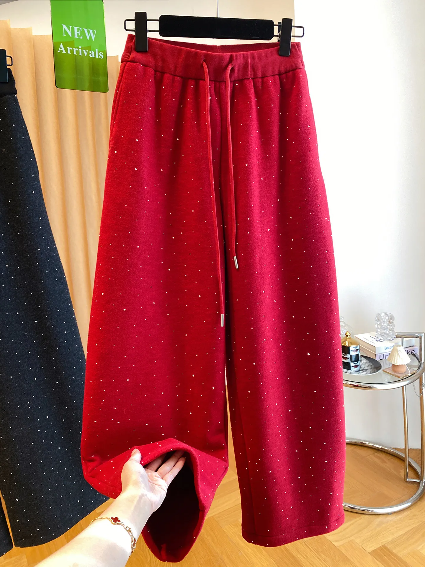plus Size Women's Fleece Lined High Waist Wide Leg Sweatpants Thickened Autumn Winter Slimming Elastic Long Trousers