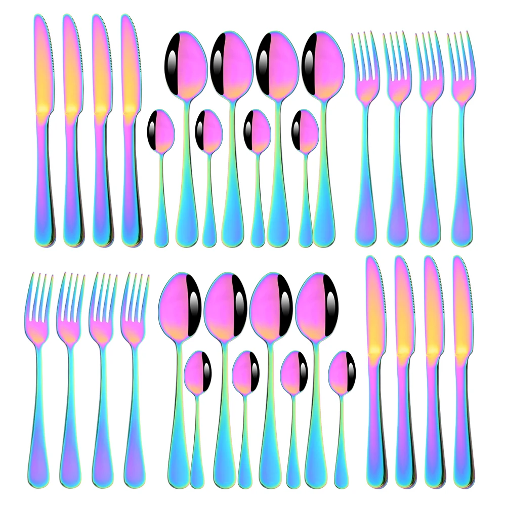 

Drmfiy 32Pcs Rainbow Dinnerware Set Western Stainless Steel Cutlery Set Dinner Kitchen Complete Knife Fork Spoons Flatware Set