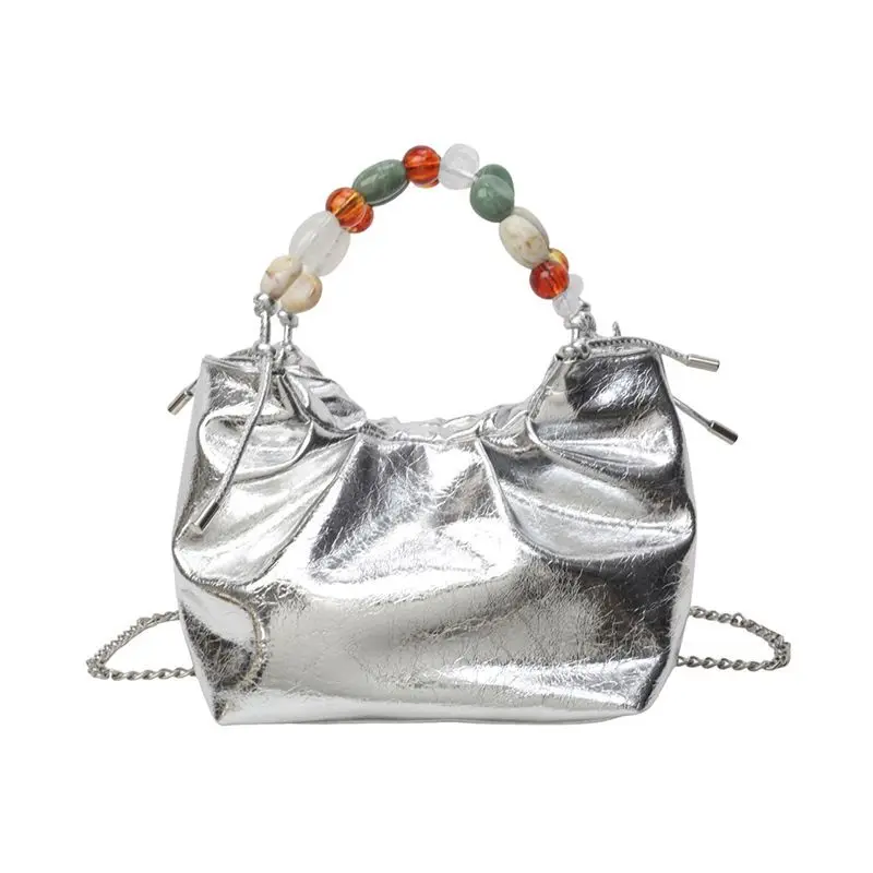 Silver Black Metallic Drawstring Bucket Bag Shiny PU Leather Chain Shoulder Crossbody Bag Soft Tote Handbag Phone Purse Women