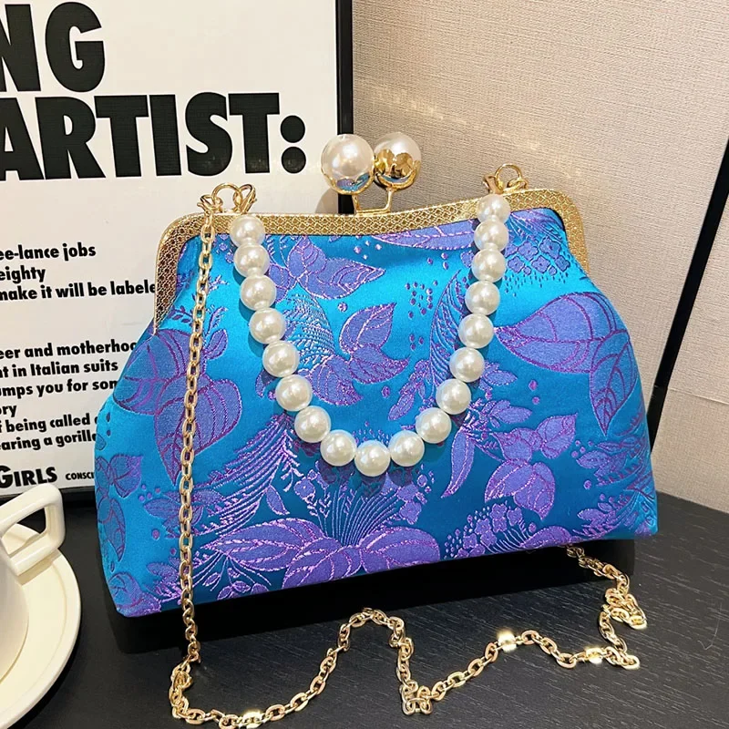 Vintage Women Silk Fabric Chain Shoulder Bags Chinese Style Handbags Wedding Party Shell Clip Purple Crossbody Bag Messenger Bag