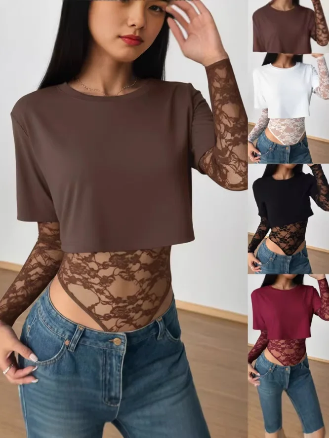 Women Fake Two Piece Lace Sleeve Bodysuit, Round Neck Slim Sheer Lace Long Sleeve Jumpsuit