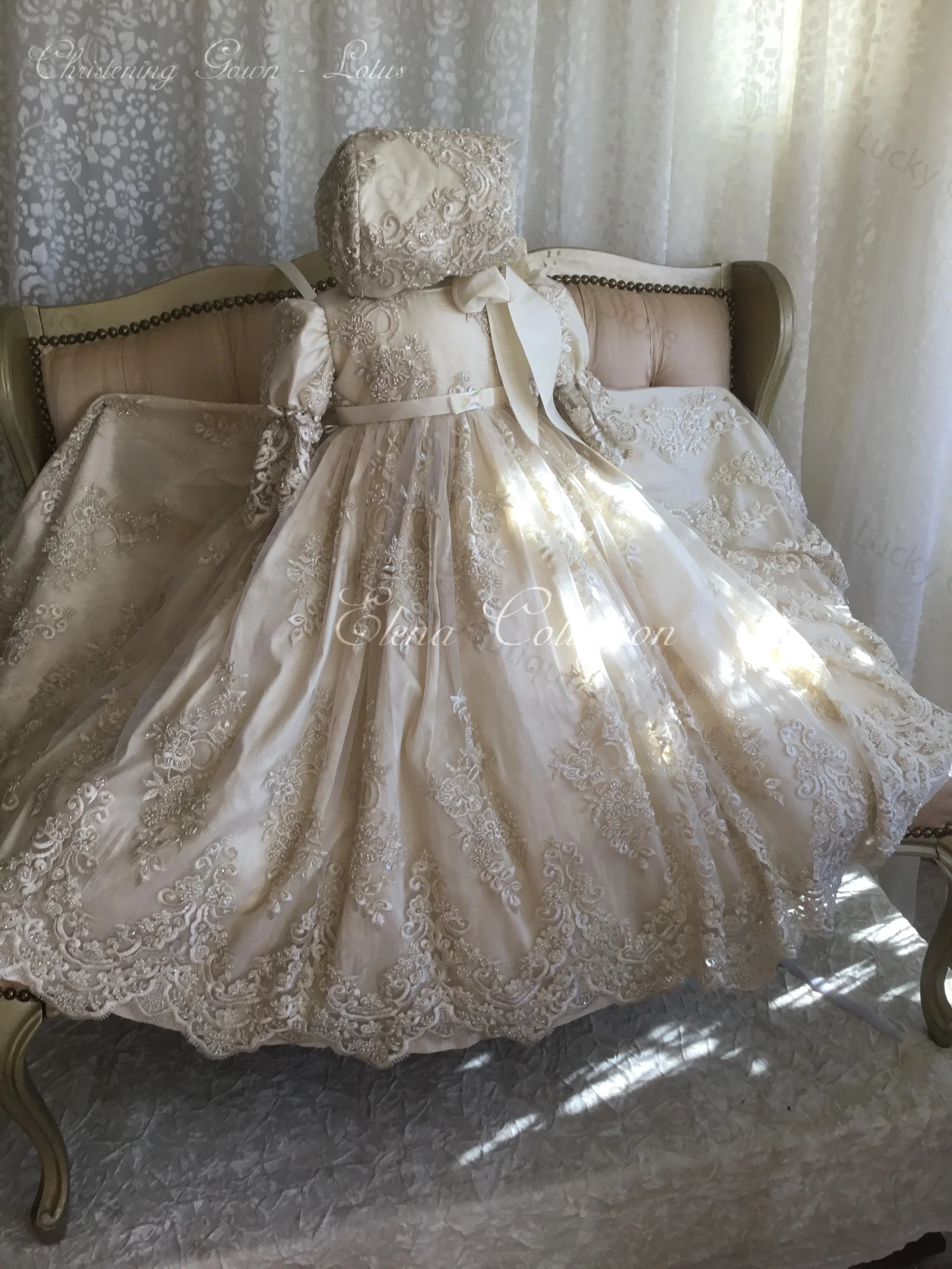 Light Champagne Christening Gowns Lace Appliques Baby First Communion Dresses Ruched Beads Newborn Toddler Baptism Dresses image 2