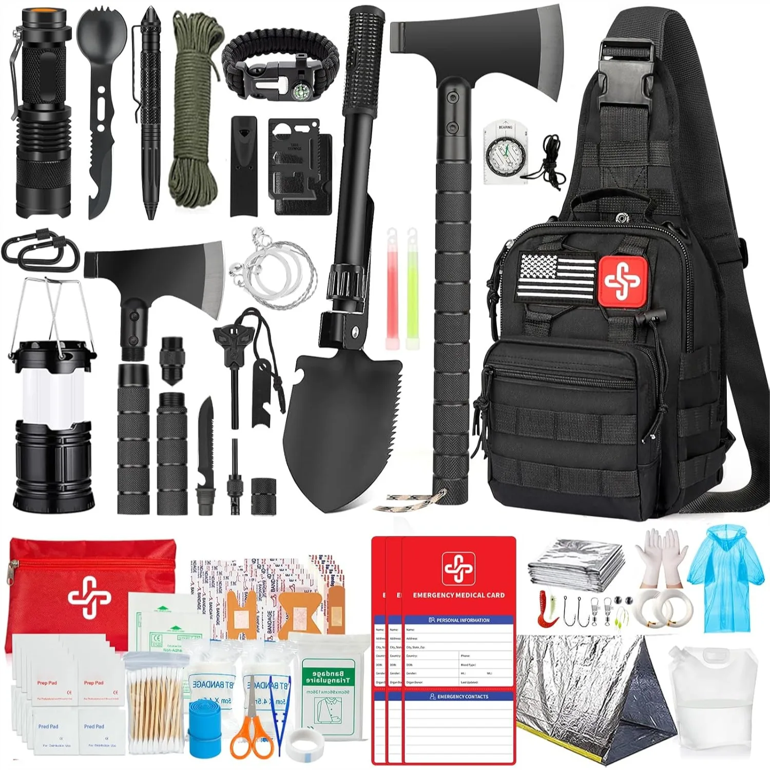 

262Pcs Survival Kit with Axe, Shovel, Tent, First Aid, Crossbody Bag for Camping Hiking Emergency