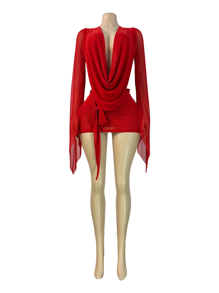 Modische Frühlings-Freizeitkleider für Damen, Transparentes Mesh-Kleid mit Tiefem V-Ausschnitt, Rückenfreies Langes Kleid mit Ausgestellten Ärmeln, Wickelkleid, Minikleid – Detail 12