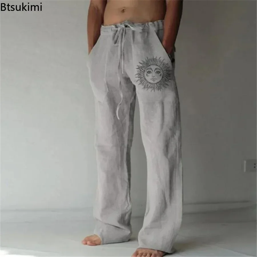 2024 Men\'s Cotton Linen Pants Oversized Jogger Sweatpants Casual Flower Print Plus Size Loose Wide Leg Pants Men Casual Trousers