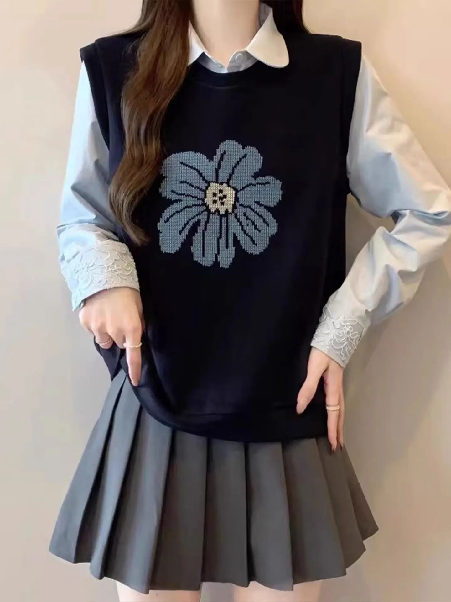 

Повседневный вязаный жилет-свитшот в стиле пэчворк для женщин, свободный топ, скрывающий живот, весна 2026, большие размеры, модная верхняя одежда