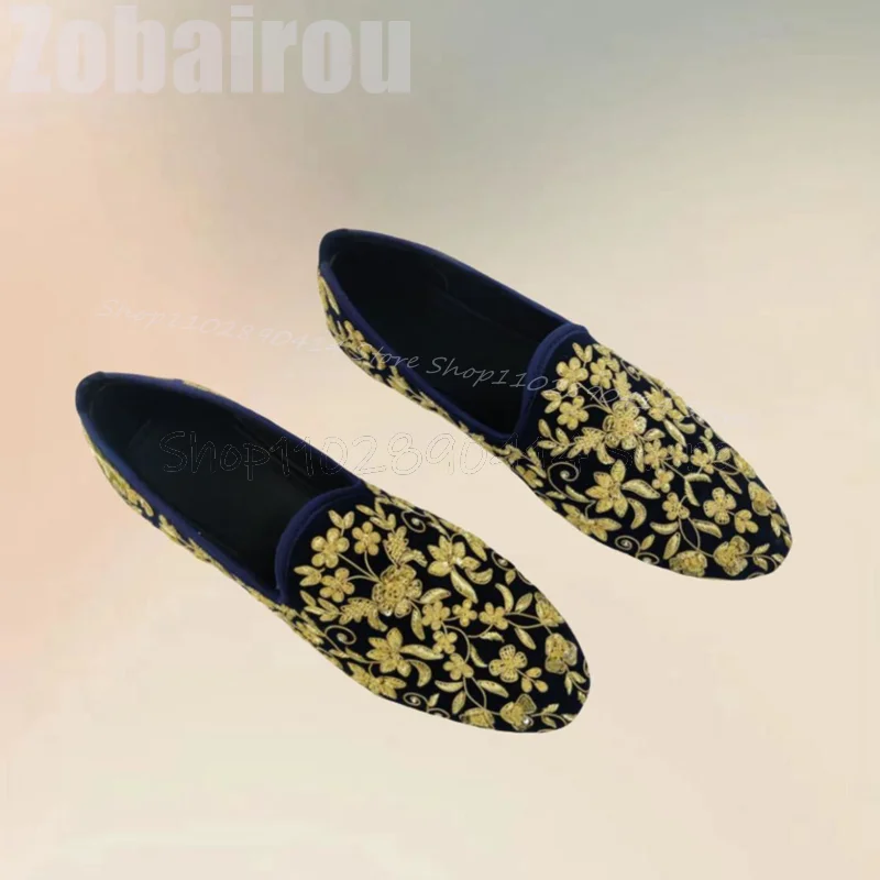 Gold Floral Embroidery Totem Design Penny Loafers Fashion Slip On Men Shoes Luxury Handmade Party Feast Dating Men Casual Shoes