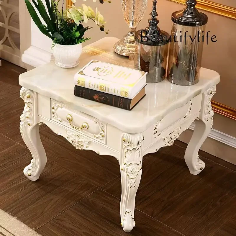 

European Entry Lux Wood Carving Corner Table American Retro Living Room Household Marble Sofa Side Table