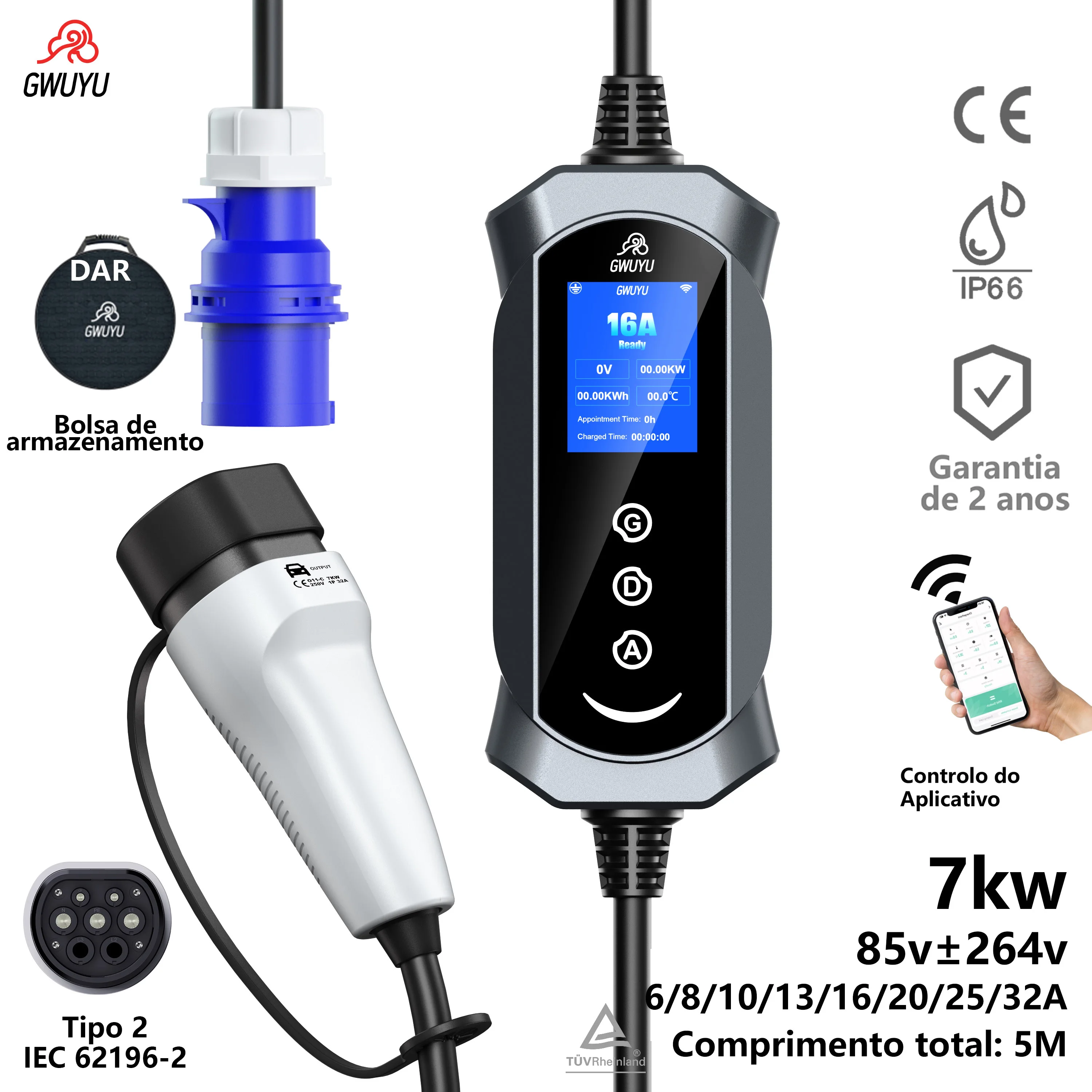 Carregador Portátil GWUYU Tipo 2 para Veículos Elétricos 7KW 32A 1 Fase EVSE com Três Botões Ajustáveis, Enviado do Brasil