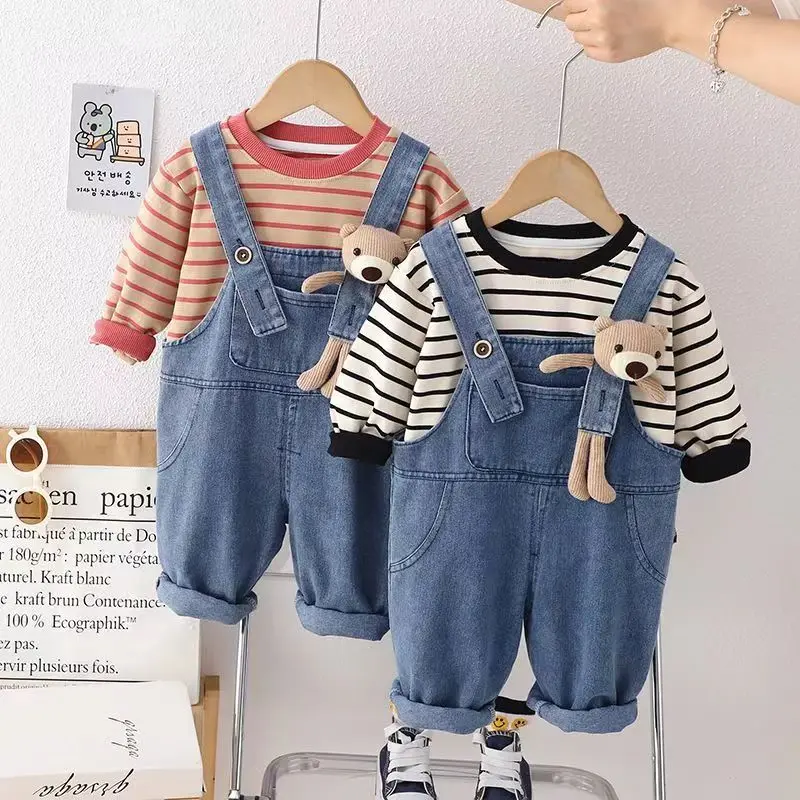 

Boys and Girls Clothing Set 2024 New Children's Baby Cowboy Strap Pants Sweater Two Piece Infant Spring and Autumn Set 1-5Y