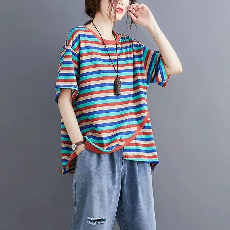

Pop Literary T-shirts For Women Striped O-neck Tops Oversized Casual Loose Korean Style Half Sleeve Retro Aesthetic Clothes Tren