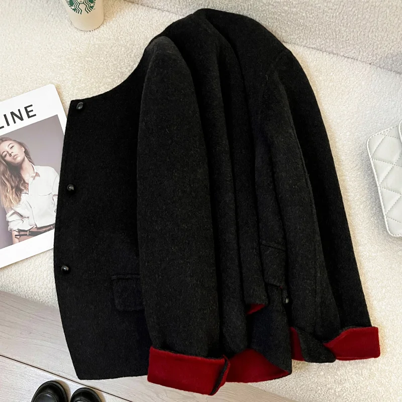 Black Red Contrasting Double-sided Woolen Blended Short Coat for Women's Fashion Simple High-quality Warmth French Woolen Coat