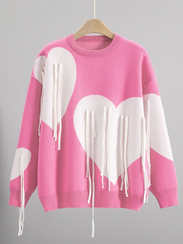 

Knitted Heart Tassel Color Blo Neline Sweater Street Sle Loose Fit Long Sve round Ne Knitwear for Women