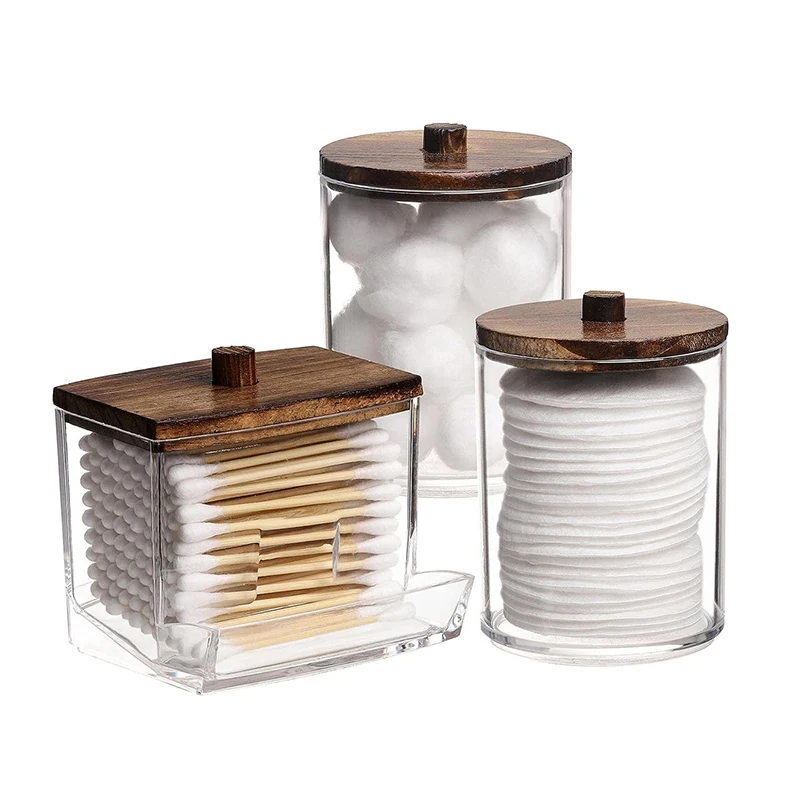 Multi-purpose Black Wooden Cover Transparent Cotton Swab Box Circular Makeup Cotton Box Portable Cotton Swab Storage Box