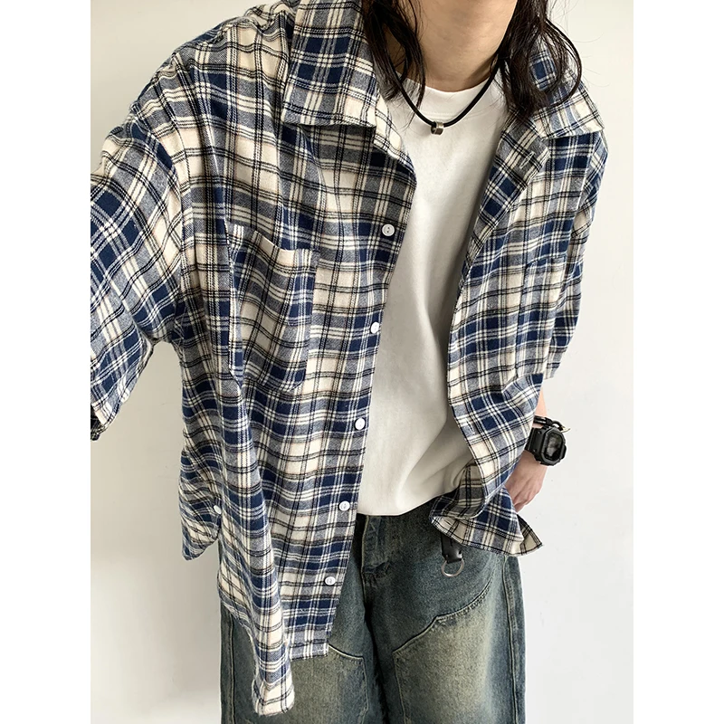 Summer Casual Set Men Women Vintage Plaid Half Sleeve Loose Shirt Street Wash Distressed Denim Shorts New Japanese Oversize Suit