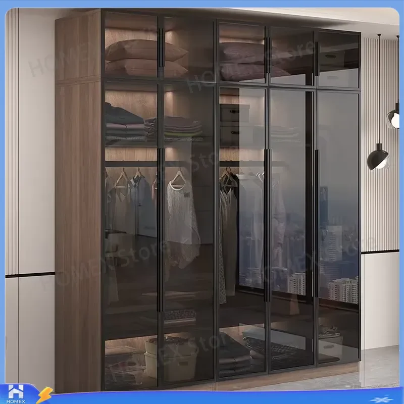 Luxury Glass Door Wardrobe Solid Wood 60cm Deep Corner Closet for Bedroom Small Apartment Kids Room Free Installation Home