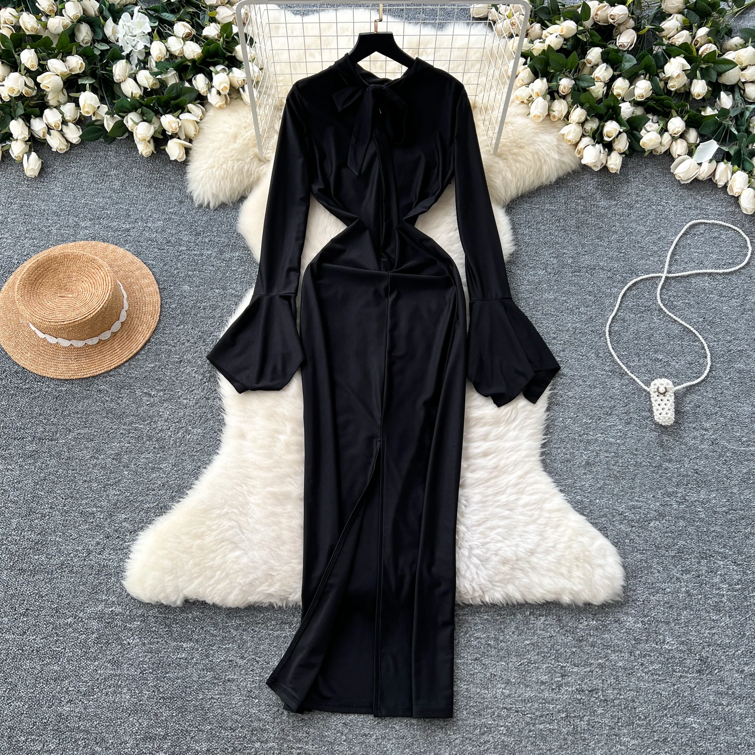 Women O-neck Vintage Long Flare Sleeve Elegant Metal Buckle Slim Split Long Dresses French Evening High Street Autumn Clothing