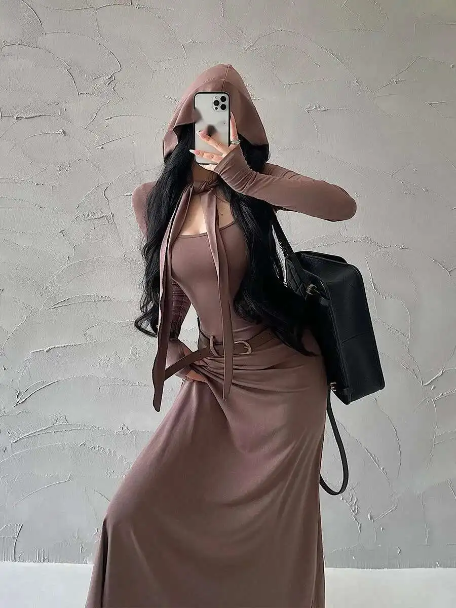 

WOMENGAGA Hooded Lace Up Long Sleeved Coverup Shirt Hanging Strap Dress Elegant Set Belt Trendy Dresses Fashion Women VNW4