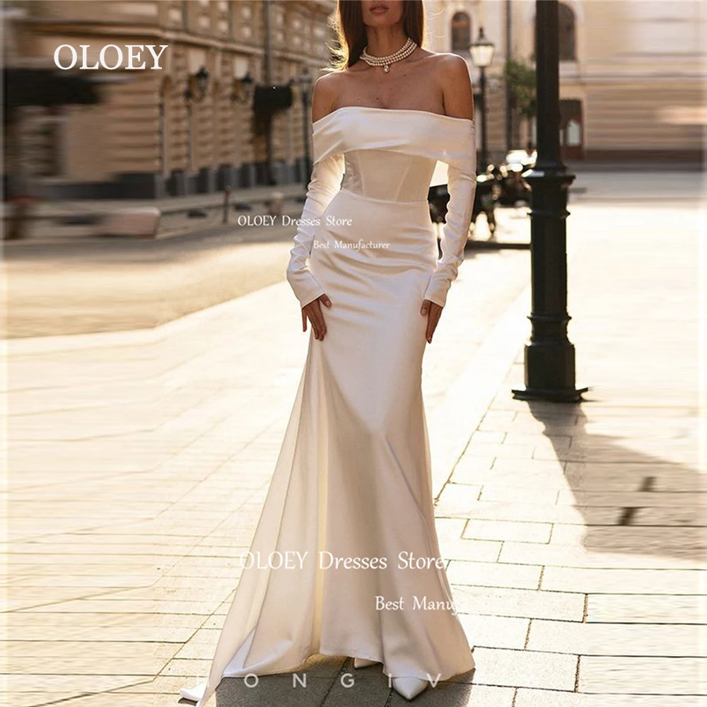 OLOEY-vestido De novia De satén con hombros descubiertos, prenda De manga larga, plisado y elegante, color marfil, hecho a medida