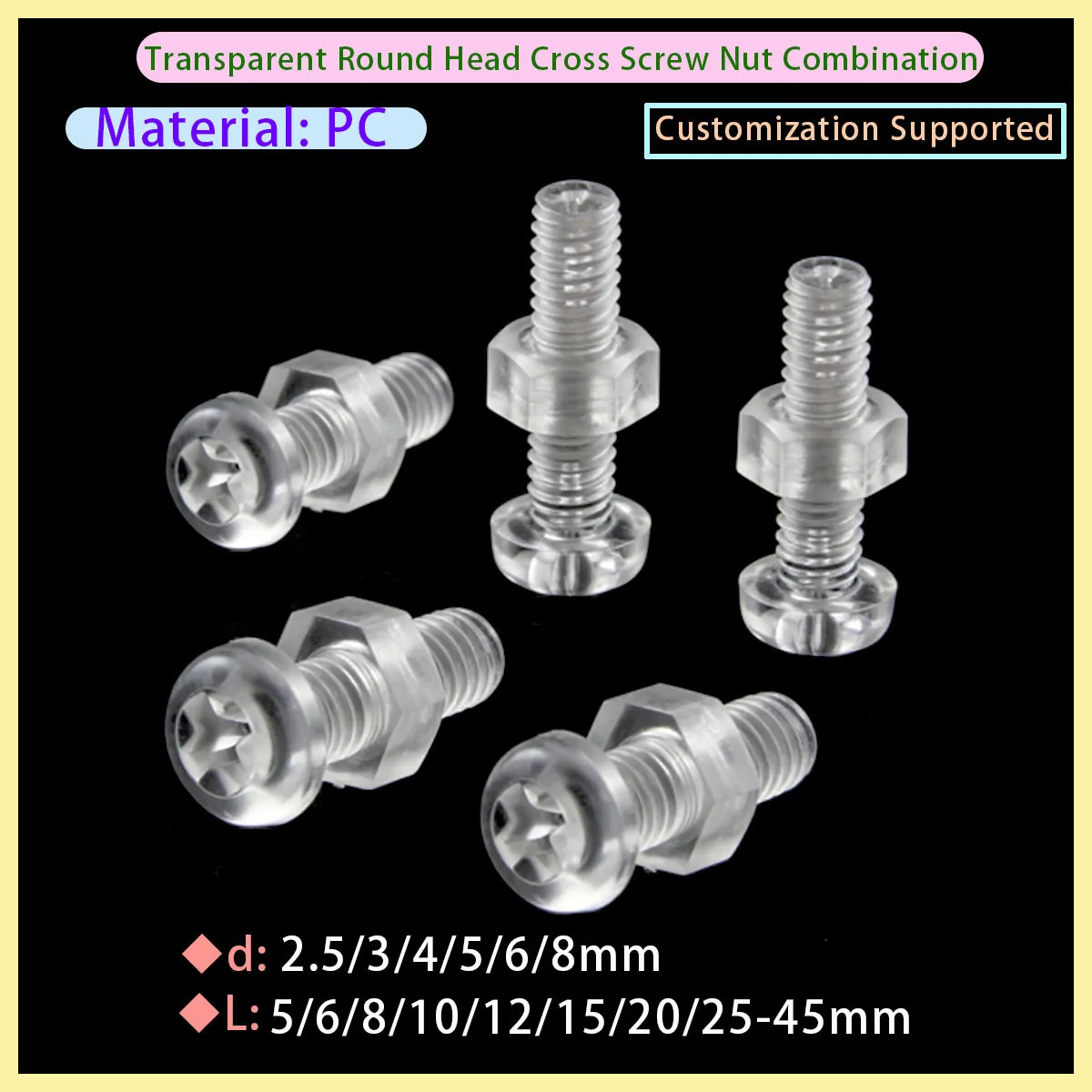 M2.5-M8 Clear PC Acrylic Phillips Round Head Plastic Screw Nut Combination Set