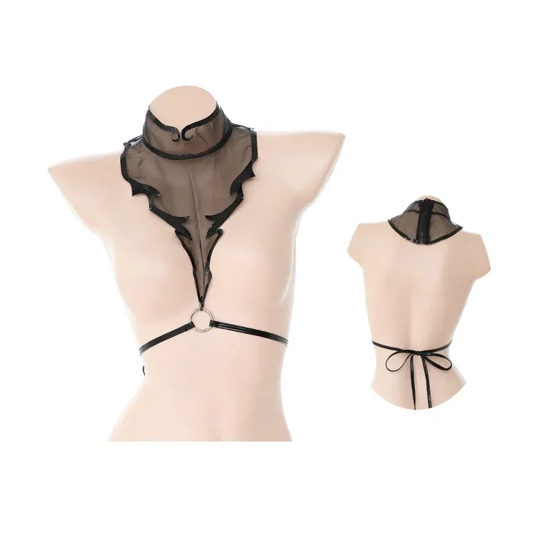 女性のセクシーなパテントレザー悪魔の羽 Pu ランジェリーストッキングヘアアクセサリーフルセット暗闇吸血コウモリコスプレ衣装 }