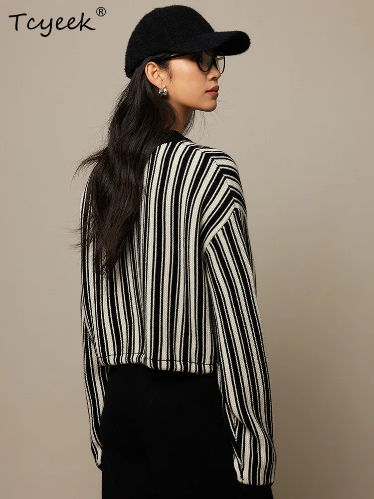 

Tcyeek, Basolan Wool Elegant Sweaters, Women O Neck Striped, Casual Fashion Loose Knit Sweater, 2024 Autumn Winter T47006QM