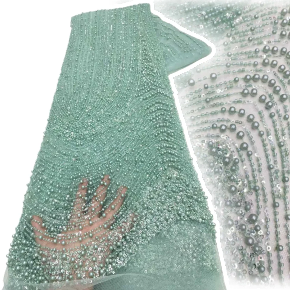 Tela de encaje con cuentas pesadas hecha a mano africana de lujo verde menta, encaje de tul con lentejuelas francesas de alta calidad para vestidos de novia CC1690