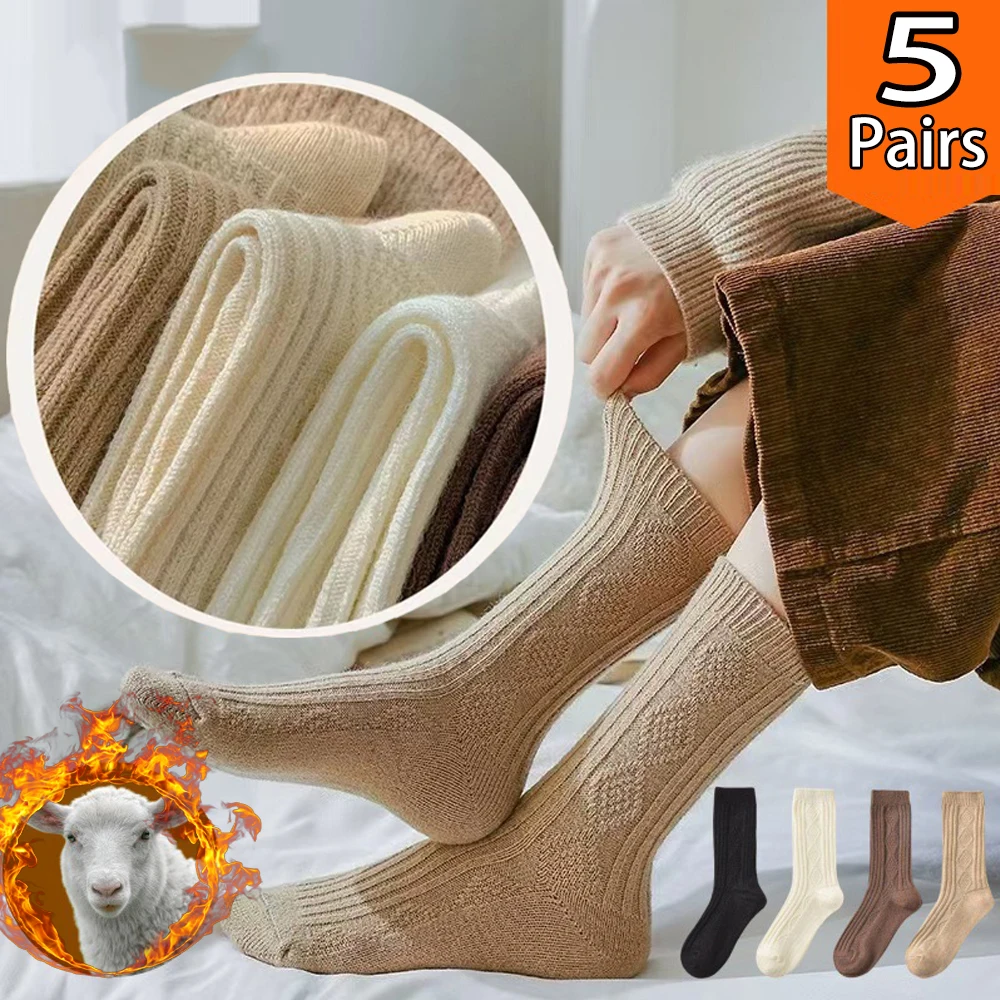 Cashmere Wool Socks for Women Winter Thermal Warm Socks Thicken Mid Tube Solid Color Snow Boot Socks Women's Socks