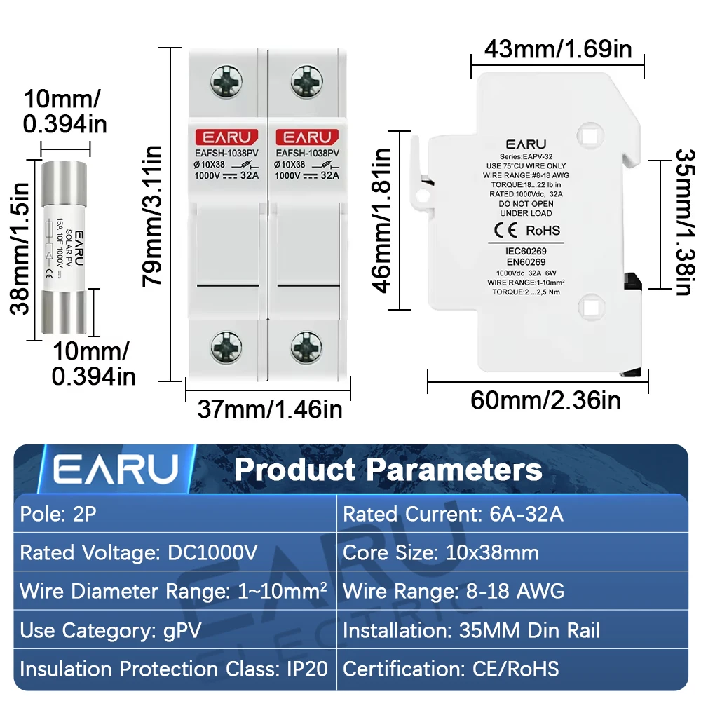 EARU 1 Set 2P Parallel DC1000V Sicherungshalter 10*38mm Hochspannungs-Solar-PV 6-32A Basis Photovoltaiksystem-Schutzschalter GPV – Detail 2