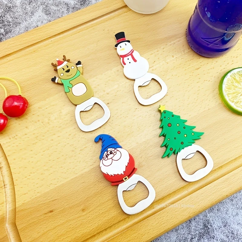 Cute Christmas Pattern Bottle Opener Stainless Steel Beer Starter Multifunctional Silicone Refrigerator Magnet Kitchen Tools