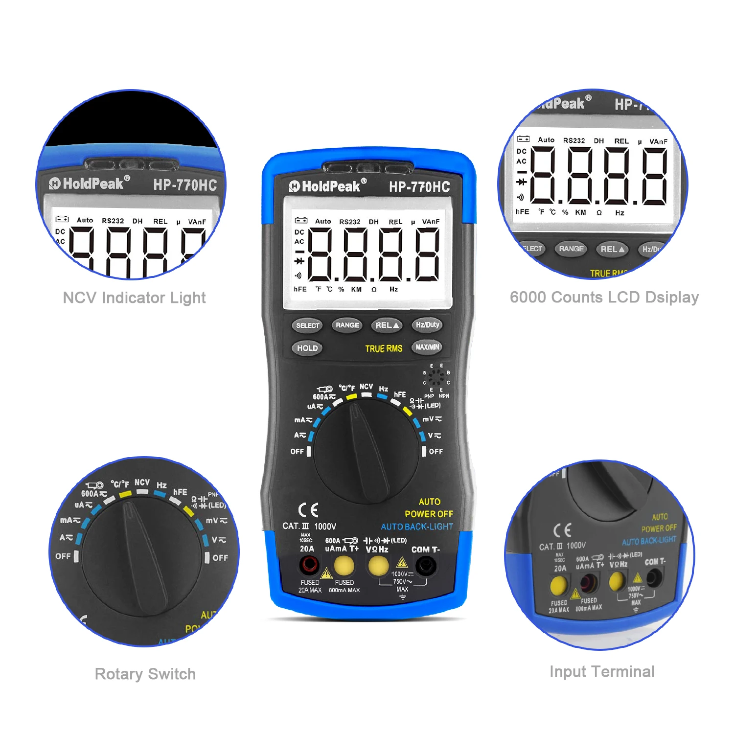 HP-770HC Digital Multimeter Tester, True RMS Smart Autoranging Probe, NCV + HP-605A Clamp Adapter, 600A AC/DC Current, HoldPeak