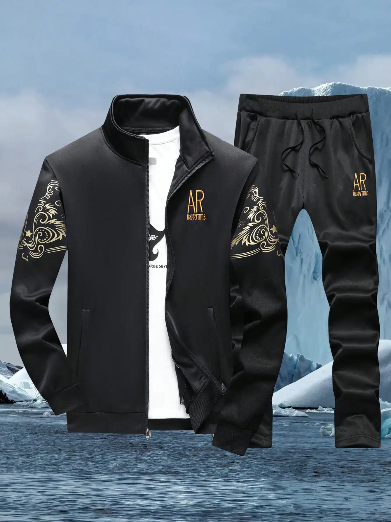 

Autumn and winter sports suit men's stand-up collar jacket men's drawstring sports pants fashion embroidered men's suit