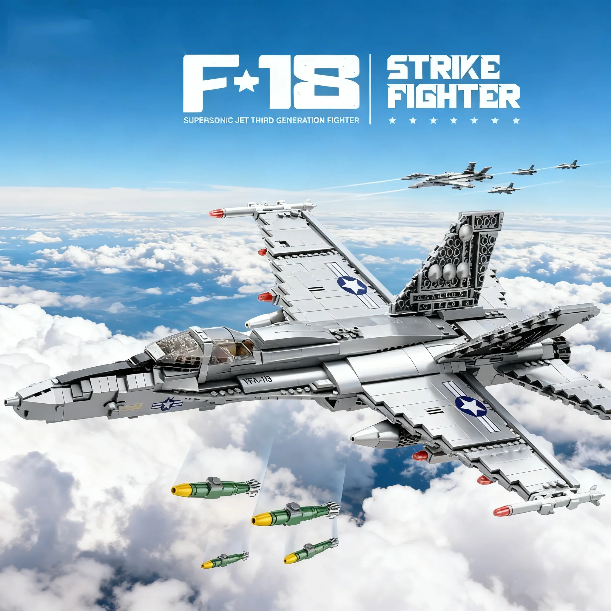 

1387PCS F-18 Strike Fighter Aircraft Building Blocks Military Carrier-Base Fighter Model Bricks Set With Display Stand Kids Toys