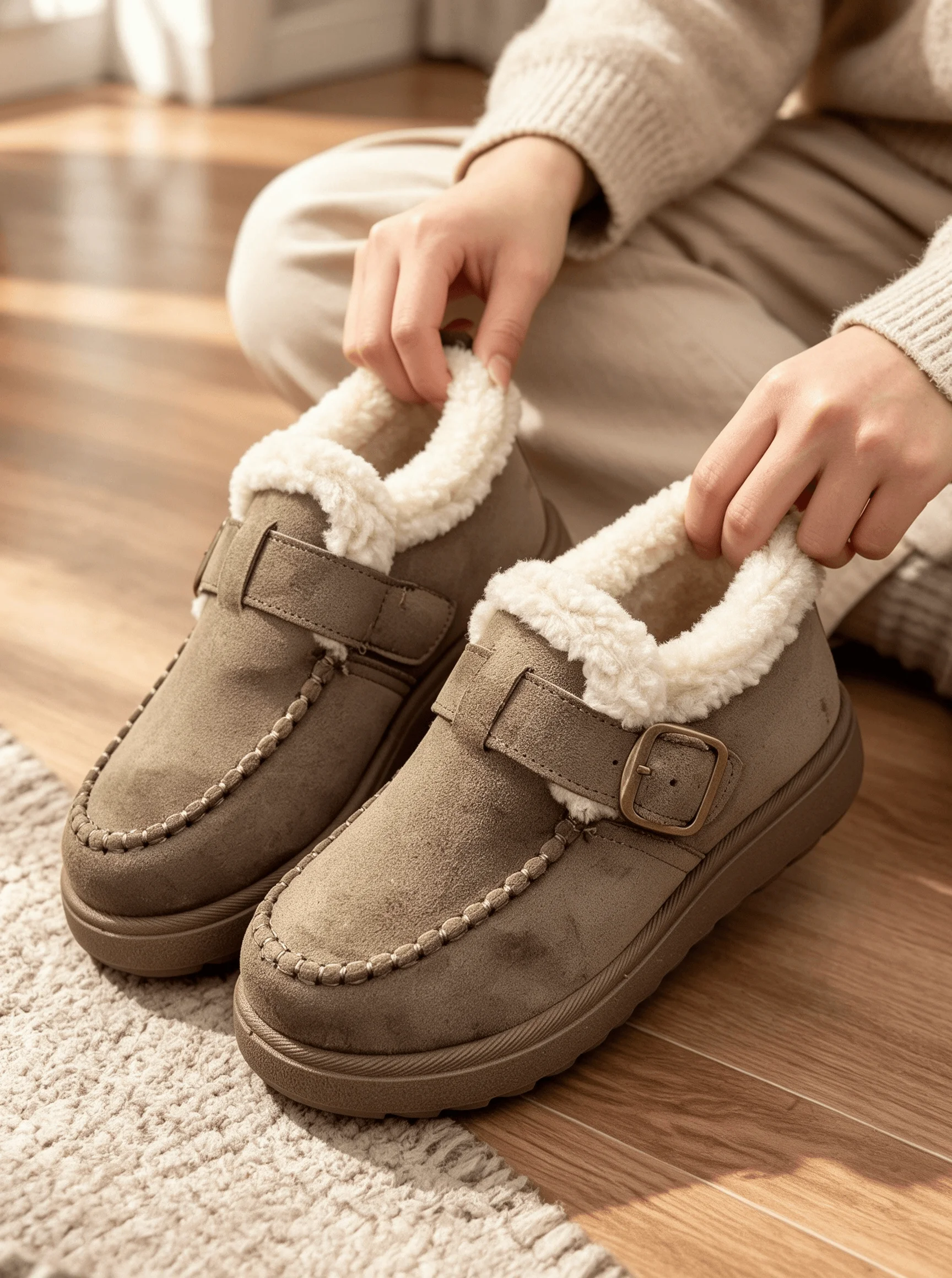 Damen Winter Plüsch Warme Baumwollschuhe, mit Schnallenriemen, Lässige Stiefeletten, Lässige Flache Schuhe – Detail 4