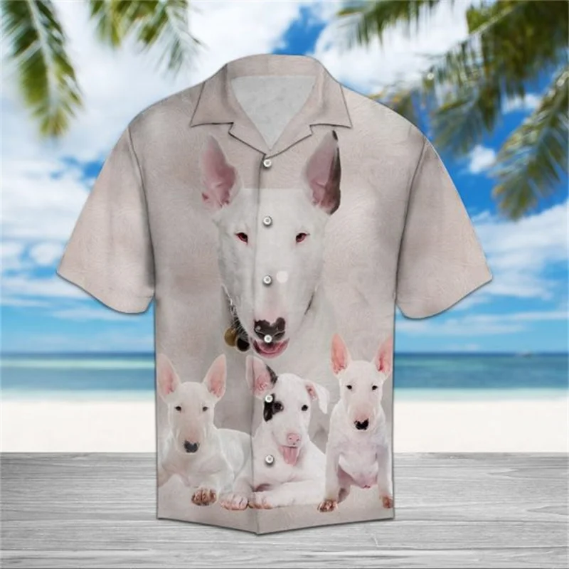 

Summer Unisex Bull Terier Dog Pattern Hawaiian Shirts 3D Tropical Fruit Print Beach Shirt Casual Shortsleeve Bull Terrier Shirt