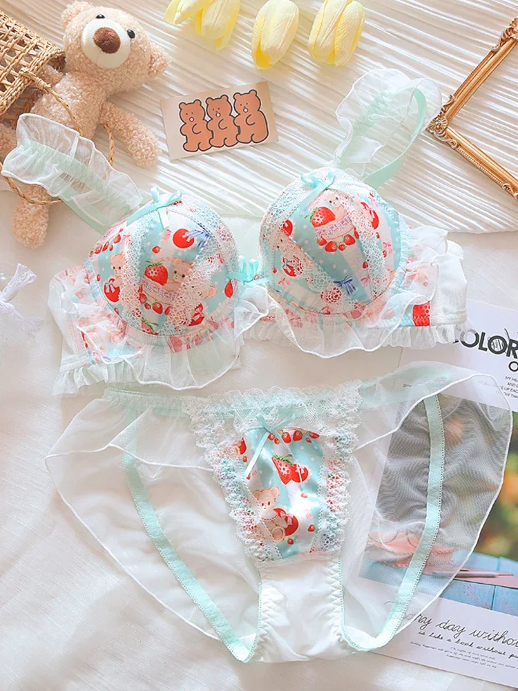 BANERDANNI (Pure Want Wind) Princess Lolita Soft Cute Little Bear Underwear Cute Little Boob Push-up Bra Set Without Underwire