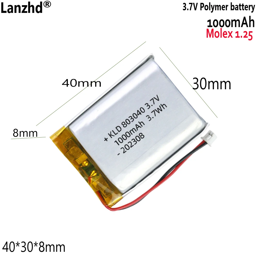 3.7V Polymer Lithium Battery with 1.25 Plug 1000mAh For Locator Night Light Communication Directory Soft Pack Cell 803040